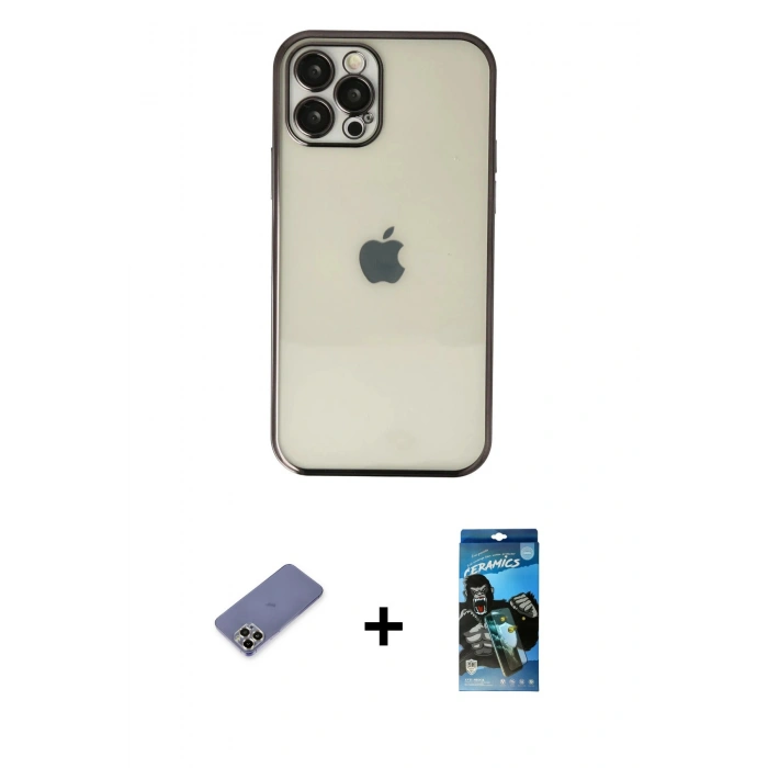 MARSİLYAN™- iPhone 12 Pro Max Kılıf Vadi Minimal - Siyah 34D Izgaralı Cam + Metal Kamera Lens Koruma Cam - GD