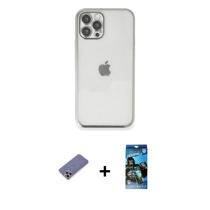 MARSİLYAN™- iPhone 12 Pro Max Kılıf Vadi Minimal - Siyah 34D Izgaralı Cam + Metal Kamera Lens Koruma Cam - GD