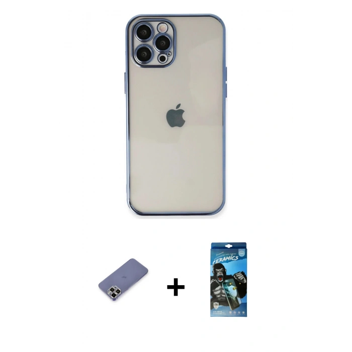 MARSİLYAN™- iPhone 12 Pro Max Kılıf Vadi Minimal - Siyah 34D Izgaralı Cam + Metal Kamera Lens Koruma Cam - GD