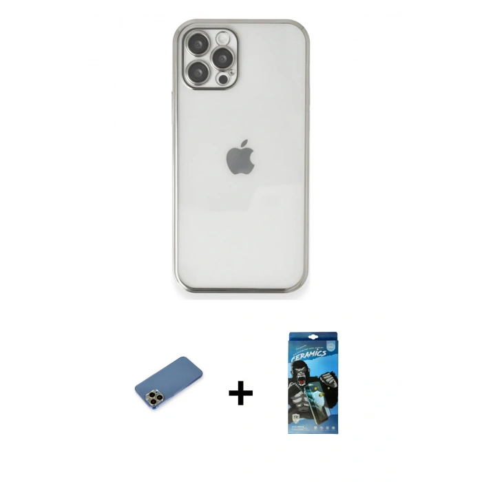 MARSİLYAN™- iPhone 12 Pro Max Kılıf Vadi Minimal - Siyah 34D Izgaralı Cam + Shine Kamera Lens Koruma Cam - GD