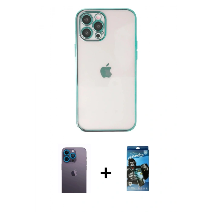 MARSİLYAN™- iPhone 12 Pro Max Kılıf Vadi Minimal - Siyah 34D Izgaralı Cam + Mavi Neon Fosforlu Kamera Lens