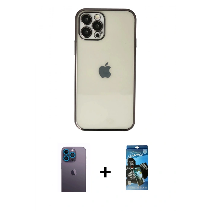 MARSİLYAN™- iPhone 12 Pro Max Kılıf Vadi Minimal - Siyah 34D Izgaralı Cam + Mavi Neon Fosforlu Kamera Lens