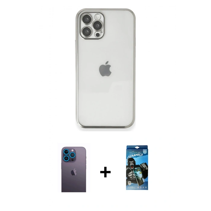 MARSİLYAN™- iPhone 12 Pro Max Kılıf Vadi Minimal - Siyah 34D Izgaralı Cam + Mavi Neon Fosforlu Kamera Lens