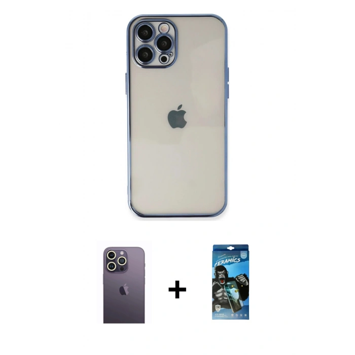 MARSİLYAN™- iPhone 12 Pro Max Kılıf Vadi Minimal - Siyah 34D Izgaralı Cam + Neon Fosforlu Kamera Lens - BZ
