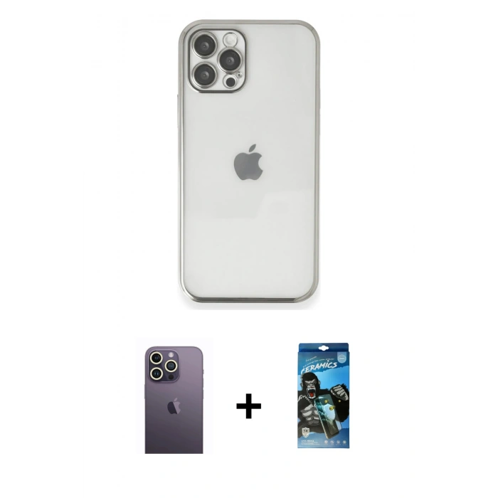MARSİLYAN™- iPhone 12 Pro Max Kılıf Vadi Minimal - Siyah 34D Izgaralı Cam + Neon Fosforlu Kamera Lens - BZ