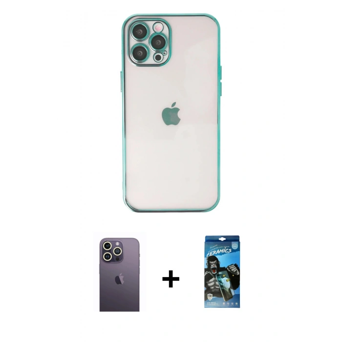 MARSİLYAN™- iPhone 12 Pro Max Kılıf Vadi Minimal - Siyah 34D Izgaralı Cam + Neon Fosforlu Kamera Lens - BZ