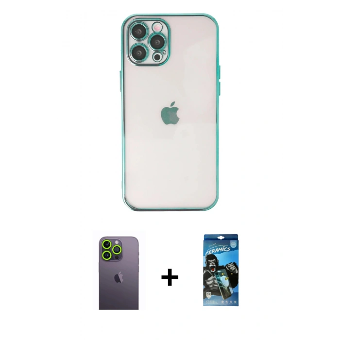 MARSİLYAN™- iPhone 12 Pro Max Kılıf Vadi Minimal - Siyah 34D Izgaralı Cam + Neon Fosforlu Kamera Lens - YL