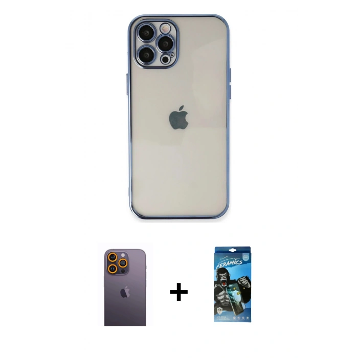 MARSİLYAN™- iPhone 12 Pro Max Kılıf Vadi Minimal - Siyah 34D Izgaralı Cam + Neon Fosforlu Kamera Lens - SI