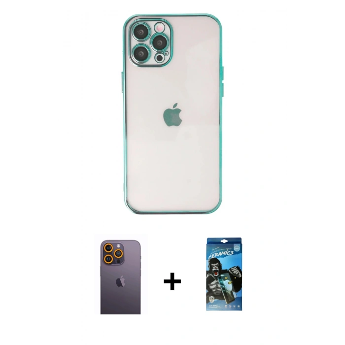 MARSİLYAN™- iPhone 12 Pro Max Kılıf Vadi Minimal - Siyah 34D Izgaralı Cam + Neon Fosforlu Kamera Lens - SI
