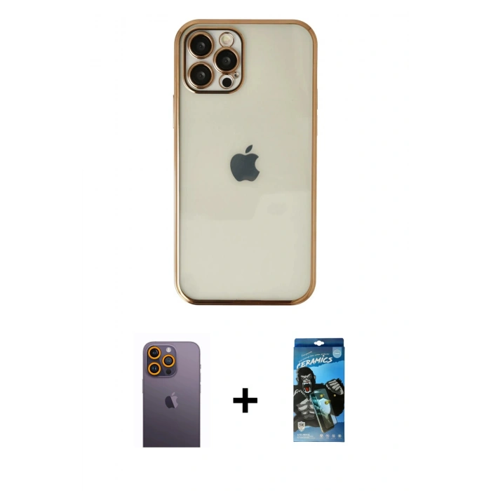 MARSİLYAN™- iPhone 12 Pro Max Kılıf Vadi Minimal - Siyah 34D Izgaralı Cam + Neon Fosforlu Kamera Lens - SI
