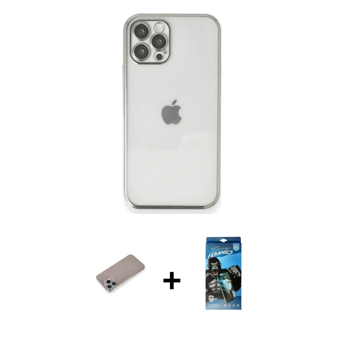 MARSİLYAN™- iPhone 12 Pro Max Kılıf Vadi Minimal - Siyah 34D Izgaralı Cam + Shine Kamera Lens Koruma Cam - SABE