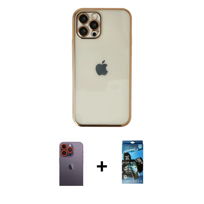 MARSİLYAN™- iPhone 12 Pro Max Kılıf Vadi Minimal - Siyah 34D Izgaralı Cam + Neon Fosforlu Kamera Lens - TU