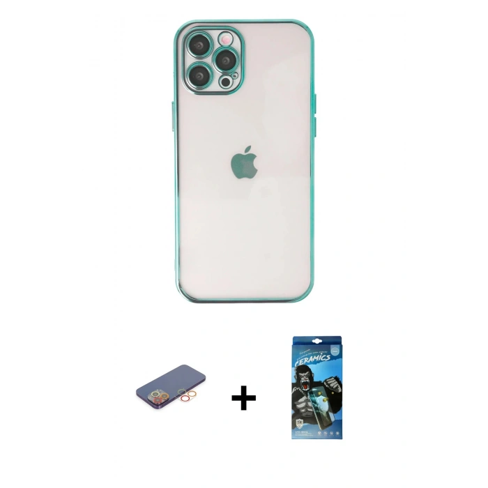 MARSİLYAN™- iPhone 12 Pro Max Kılıf Vadi Minimal - Siyah 34D Izgaralı Cam + Turuncu Renkli Kamera Lens Koruma Cam