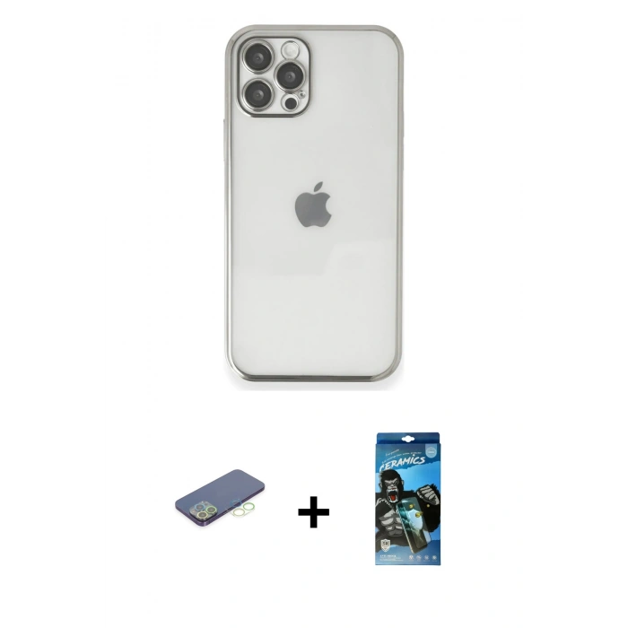MARSİLYAN™- iPhone 12 Pro Max Kılıf Vadi Minimal - Siyah 34D Izgaralı Cam + Renkli Kamera Lens Koruma Cam - YL