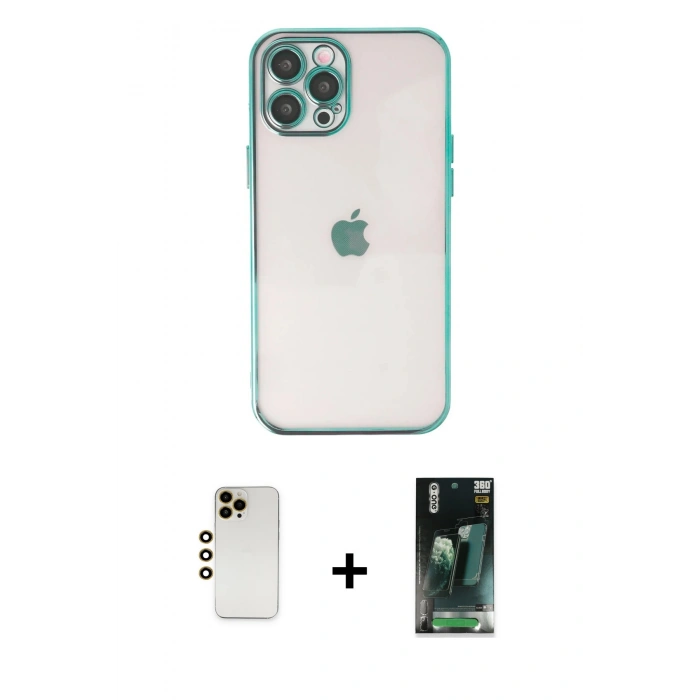 MARSİLYAN™- iPhone 12 Pro Max Kılıf Vadi Minimal - Siyah 360 Mat Full Body Arka Koruyucu + Shine Kamera Lens - GD