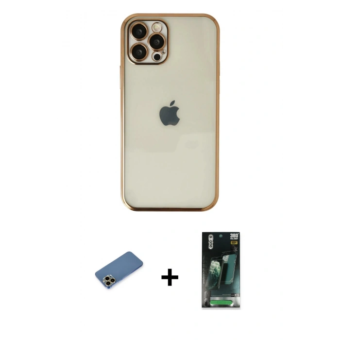 MARSİLYAN™- iPhone 12 Pro Max Kılıf Vadi Minimal - Siyah 360 Mat Full Body Arka Koruyucu + Shine Kamera Lens Koruma Cam - GD
