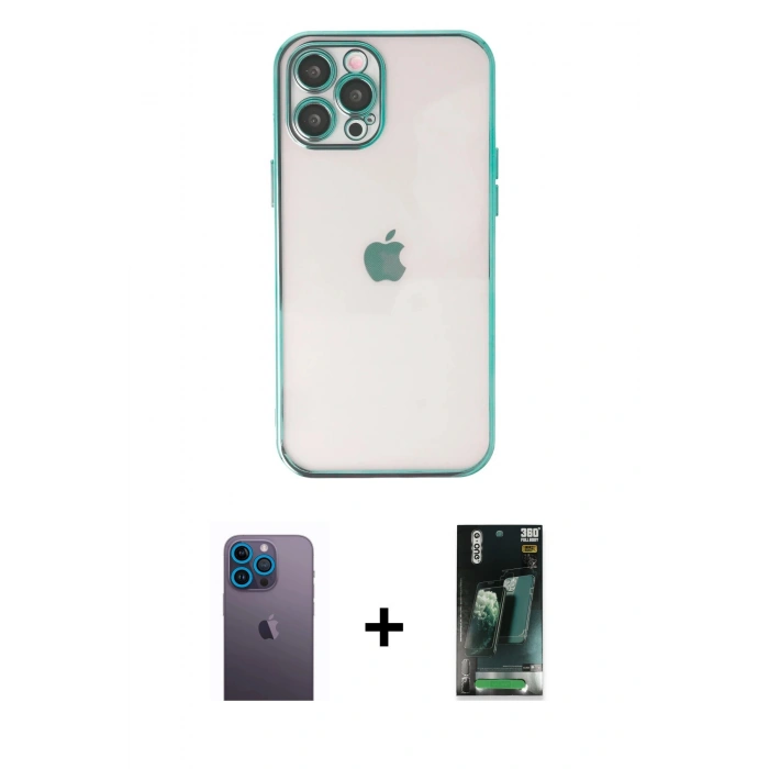 MARSİLYAN™- iPhone 12 Pro Max Kılıf Vadi Minimal - Siyah 360 Mat Full Body Arka Koruyucu + Neon Fosforlu Kamera Lens - MI