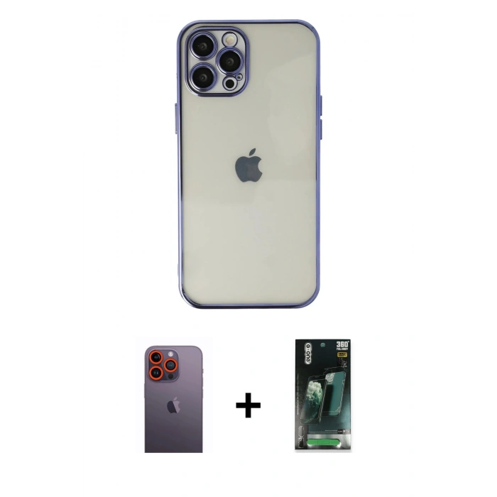 MARSİLYAN™- iPhone 12 Pro Max Kılıf Vadi Minimal - Siyah 360 Mat Full Body Arka Koruyucu + Neon Fosforlu Kamera Lens - TU