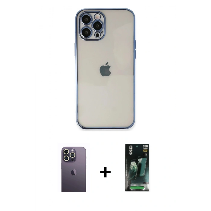 MARSİLYAN™- iPhone 12 Pro Max Kılıf Vadi Minimal - Siyah 360 Mat Full Body Arka Koruyucu + Neon Fosforlu Kamera Lens - BZ