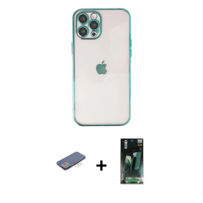 MARSİLYAN™- iPhone 12 Pro Max Kılıf Vadi Minimal - Siyah 360 Mat Full Body Arka Koruyucu + Renkli Kamera Lens Koruma Cam - MI