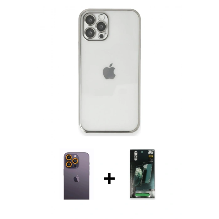 MARSİLYAN™- iPhone 12 Pro Max Kılıf Vadi Minimal - Siyah 360 Mat Full Body Arka Koruyucu + Neon Fosforlu Kamera Lens - SI