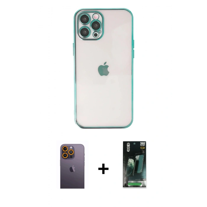 MARSİLYAN™- iPhone 12 Pro Max Kılıf Vadi Minimal - Siyah 360 Mat Full Body Arka Koruyucu + Neon Fosforlu Kamera Lens - SI