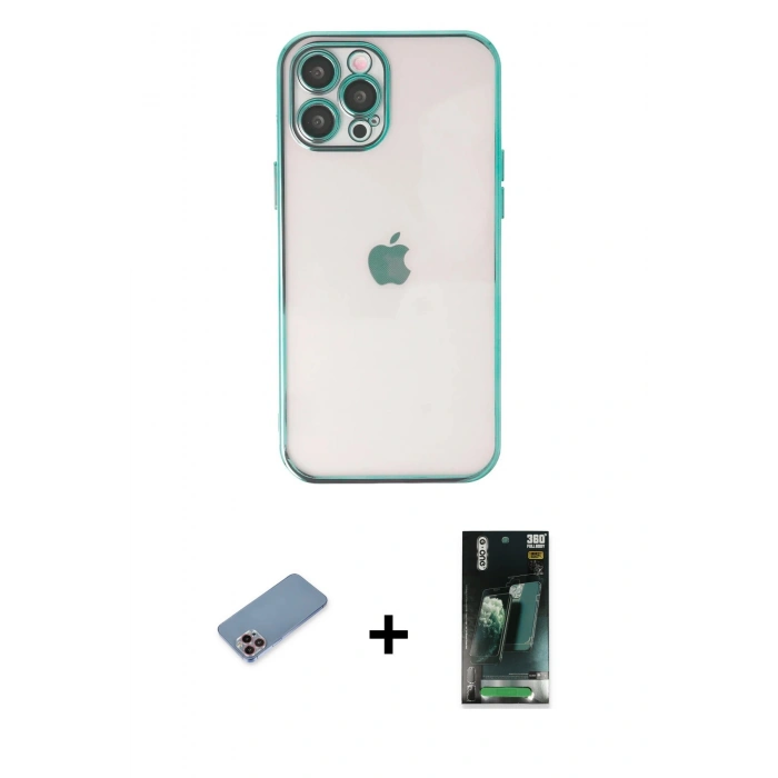 MARSİLYAN™- iPhone 12 Pro Max Kılıf Vadi Minimal - Siyah 360 Mat Full Body Arka Koruyucu + Shine Kamera Lens Koruma Cam - PE