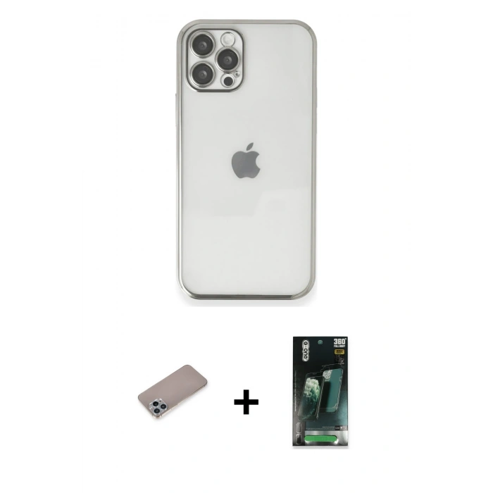 MARSİLYAN™- iPhone 12 Pro Max Kılıf Vadi Minimal - Siyah 360 Mat Full Body Arka Koruyucu + Sierra Blue Shine Kamera Lens Koruma Cam