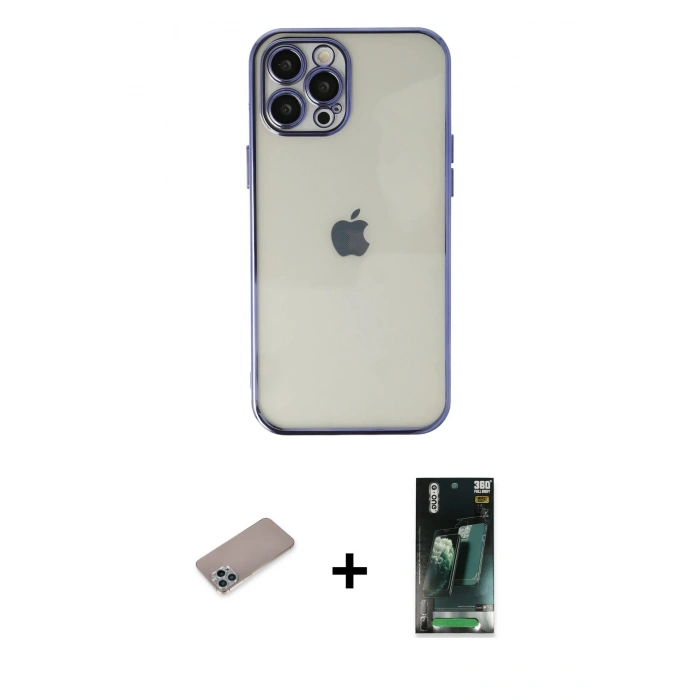 MARSİLYAN™- iPhone 12 Pro Max Kılıf Vadi Minimal - Siyah 360 Mat Full Body Arka Koruyucu + Sierra Blue Shine Kamera Lens Koruma Cam