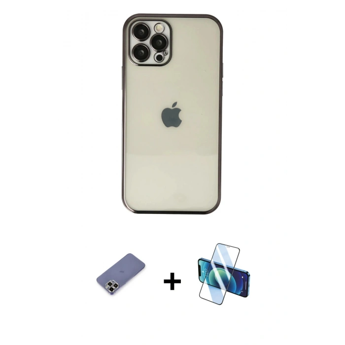 MARSİLYAN™- iPhone 12 Pro Max Kılıf Vadi Minimal - Siyah 3D Antistatik Cam Ekran Koruyucu + Metal Kamera Lens Koruma Cam - GD