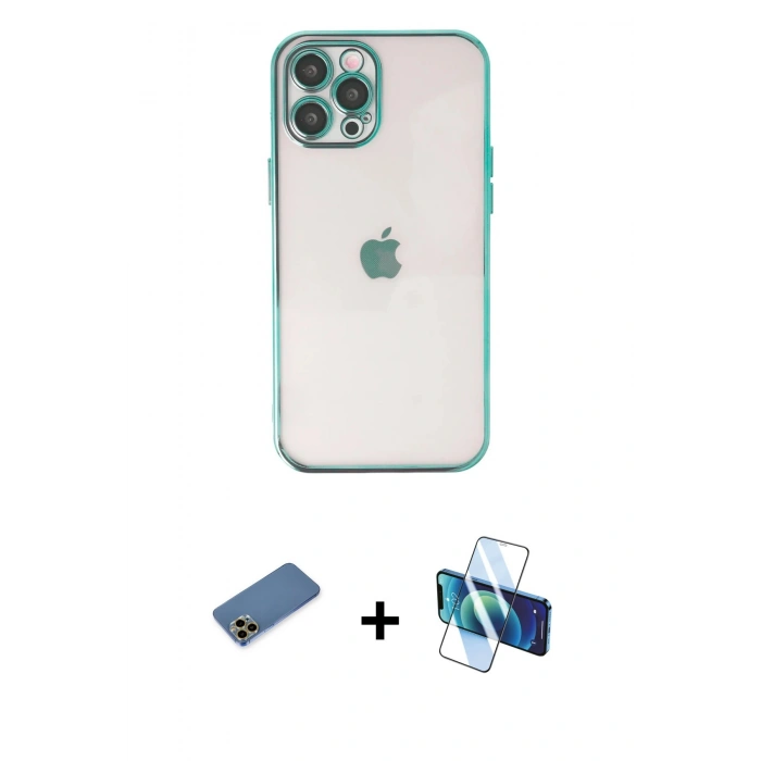 MARSİLYAN™- iPhone 12 Pro Max Kılıf Vadi Minimal - Siyah 3D Antistatik Cam Ekran Koruyucu + Shine Kamera Lens Koruma Cam - GD