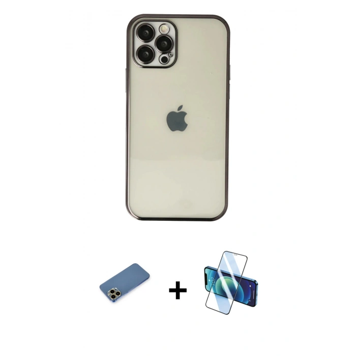MARSİLYAN™- iPhone 12 Pro Max Kılıf Vadi Minimal - Siyah 3D Antistatik Cam Ekran Koruyucu + Shine Kamera Lens Koruma Cam - GD