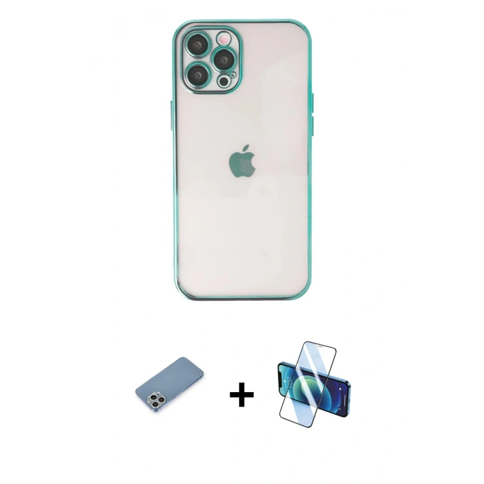 MARSİLYAN™- iPhone 12 Pro Max Kılıf Vadi Minimal - Siyah 3D Antistatik Cam Ekran Koruyucu + Shine Kamera Lens Koruma Cam - GS