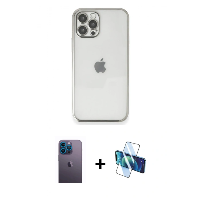 MARSİLYAN™- iPhone 12 Pro Max Kılıf Vadi Minimal - Siyah 3D Antistatik Cam Ekran Koruyucu + Neon Fosforlu Kamera Lens - MI