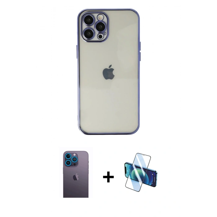 MARSİLYAN™- iPhone 12 Pro Max Kılıf Vadi Minimal - Siyah 3D Antistatik Cam Ekran Koruyucu + Neon Fosforlu Kamera Lens - MI