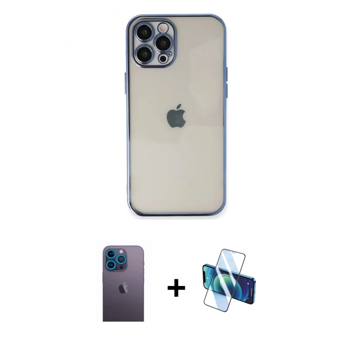 MARSİLYAN™- iPhone 12 Pro Max Kılıf Vadi Minimal - Siyah 3D Antistatik Cam Ekran Koruyucu + Neon Fosforlu Kamera Lens - MI