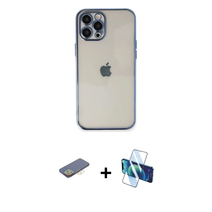 MARSİLYAN™- iPhone 12 Pro Max Kılıf Vadi Minimal - Siyah 3D Antistatik Cam Ekran Koruyucu + Renkli Kamera Lens Koruma Cam - SI