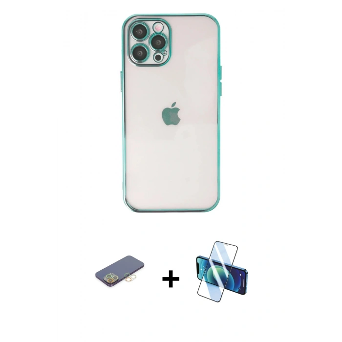 MARSİLYAN™- iPhone 12 Pro Max Kılıf Vadi Minimal - Siyah 3D Antistatik Cam Ekran Koruyucu + Renkli Kamera Lens Koruma Cam - SI