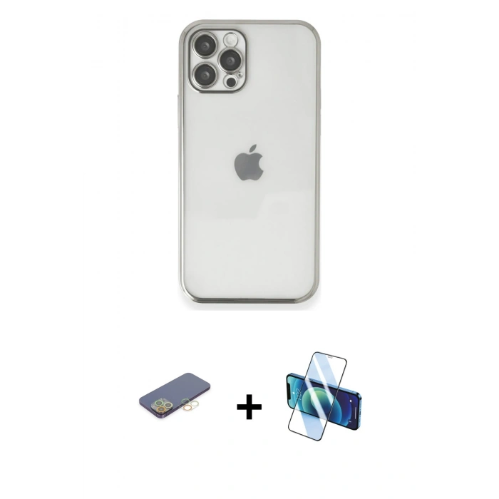 MARSİLYAN™- iPhone 12 Pro Max Kılıf Vadi Minimal - Siyah 3D Antistatik Cam Ekran Koruyucu + Renkli Kamera Lens Koruma Cam - SI