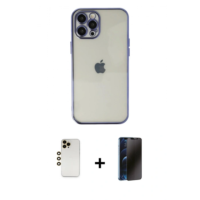 MARSİLYAN™- iPhone 12 Pro Max Kılıf Vadi Minimal - Siyah 3D Antistatik Hayalet Cam Ekran Koruyucu + Shine Kamera Lens - GD