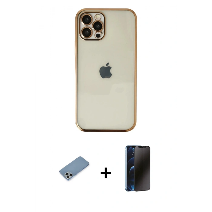 MARSİLYAN™- iPhone 12 Pro Max Kılıf Vadi Minimal - Siyah 3D Antistatik Hayalet Cam Ekran Koruyucu + Shine Kamera Lens Koruma Cam - GS