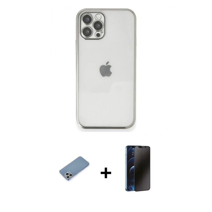 MARSİLYAN™- iPhone 12 Pro Max Kılıf Vadi Minimal - Siyah 3D Antistatik Hayalet Cam Ekran Koruyucu + Shine Kamera Lens Koruma Cam - GS
