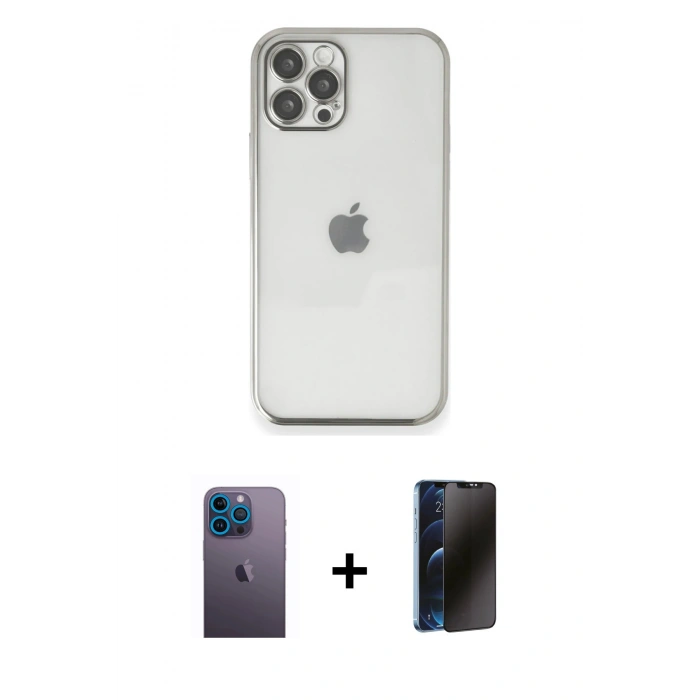MARSİLYAN™- iPhone 12 Pro Max Kılıf Vadi Minimal - Siyah 3D Antistatik Hayalet Cam Ekran Koruyucu + Mavi Neon Fosforlu Kamera Lens