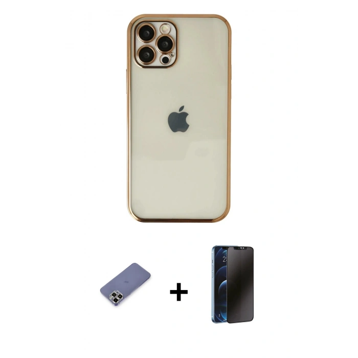 MARSİLYAN™- iPhone 12 Pro Max Kılıf Vadi Minimal - Siyah 3D Antistatik Hayalet Cam Ekran Koruyucu + Metal Kamera Lens Koruma Cam - GD