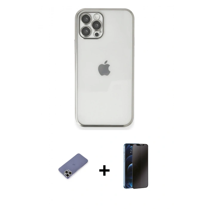 MARSİLYAN™- iPhone 12 Pro Max Kılıf Vadi Minimal - Siyah 3D Antistatik Hayalet Cam Ekran Koruyucu + Metal Kamera Lens Koruma Cam - GD
