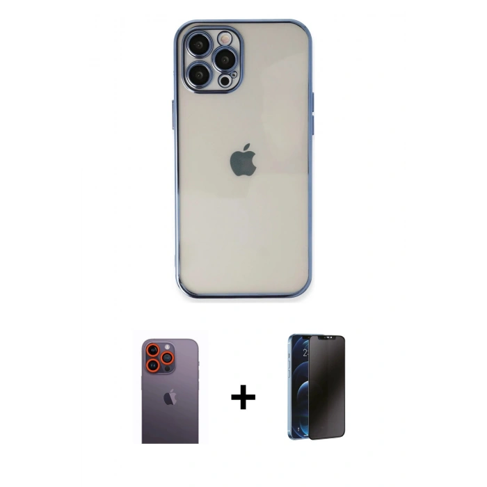 MARSİLYAN™- iPhone 12 Pro Max Kılıf Vadi Minimal - Siyah 3D Antistatik Hayalet Cam Ekran Koruyucu + Neon Fosforlu Kamera Lens - TU