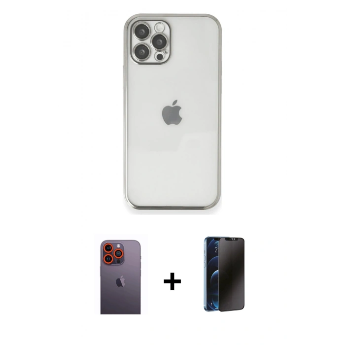 MARSİLYAN™- iPhone 12 Pro Max Kılıf Vadi Minimal - Siyah 3D Antistatik Hayalet Cam Ekran Koruyucu + Neon Fosforlu Kamera Lens - TU