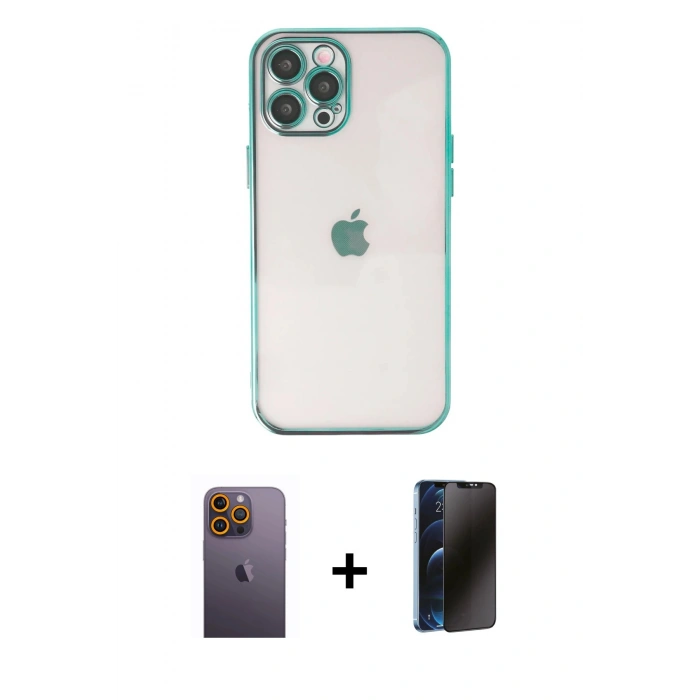 MARSİLYAN™- iPhone 12 Pro Max Kılıf Vadi Minimal - Siyah 3D Antistatik Hayalet Cam Ekran Koruyucu + Neon Fosforlu Kamera Lens - SI