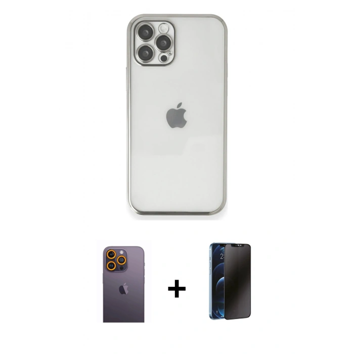 MARSİLYAN™- iPhone 12 Pro Max Kılıf Vadi Minimal - Siyah 3D Antistatik Hayalet Cam Ekran Koruyucu + Neon Fosforlu Kamera Lens - SI