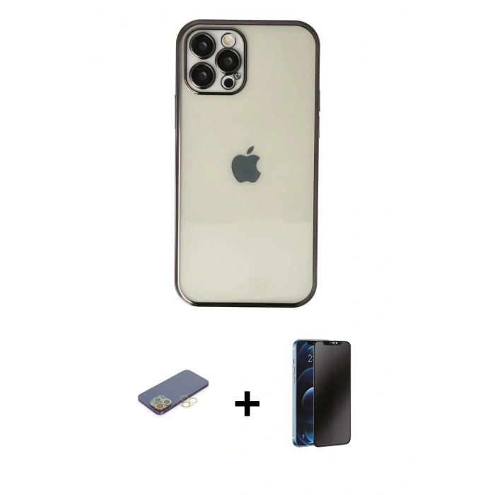 MARSİLYAN™- iPhone 12 Pro Max Kılıf Vadi Minimal - Siyah 3D Antistatik Hayalet Cam Ekran Koruyucu + Renkli Kamera Lens Koruma Cam - SI